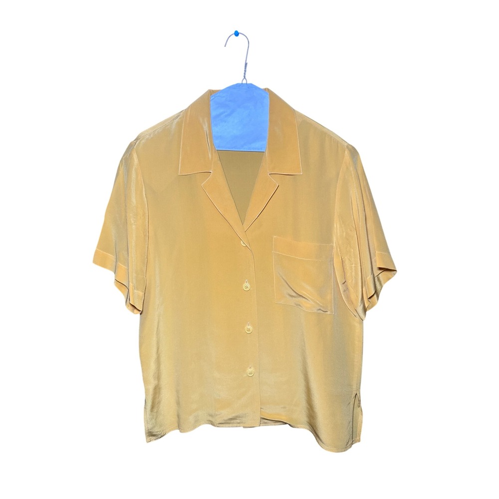Anne Klein Vintage 100% Silk Short Sleeve Button Up Blouse Yellow Size 6